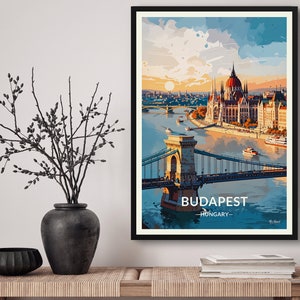 Budapest Hungary Travel Art Poster Print. Retro Illustration Wall Art - Hungarian Parliament Cityscape Gift For Travel Lovers - Home Decor