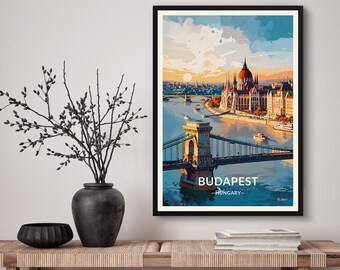 Budapest Ungarn Travel Art Poster Print. Retro Illustration Wandkunst - Ungarisches parlament stadtbild geschenk für reiseliebhaber - wohnkultur