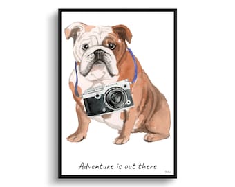 Adventure is out there English Bulldog print illustration. Framed & un-framed wall art options. Personalised name.