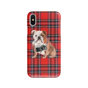 English bulldog Tartan phone case. 11 Styles: Iphone 16 Pro Max, 15, 14 to 6 & Samsung Galaxy S24 Ultra, S23, S22