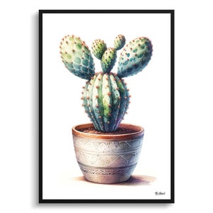 Hasenohren Kaktus (Opuntia microdasys) Botanischer Druck - Aquarell gerahmte Malerei Wandkunst - Perfektes Geschenk für Wohnzimmer, Schlafzimmer, Büro