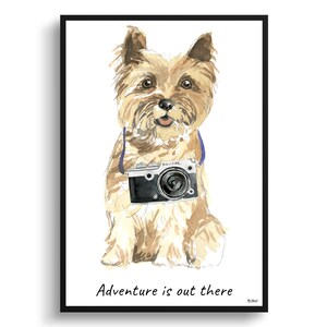 Adventure is out there Cairn Terrier Dog print illustration. Framed & un-framed wall art options. Personalised name. Poster sizes