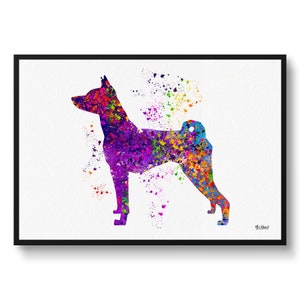 Basenji Watercolour Splash Dog Print - Veterinary Decor Gift Dog Illustration Framed & Unframed Wall Art Print For Dog Lovers and Vets