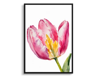 Rosa tulpan Minimalistisk akvarell botanisk konsttryck - Tulpan Blommor Inramad Väggkonst Poster Blomma Målning