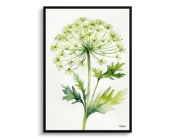 Può includere: Dipinto ad acquerello di un fiore verde con fiori bianchi. Il fiore è dipinto in uno stile realistico con dettagli delicati.