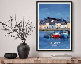 Galway Ireland Travel Art Poster Print. Retro Illustration Wall Art - Cityscape Gift For Travel Lovers - Home & Office Decor