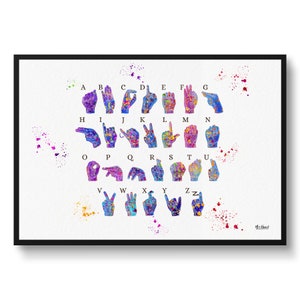 Sign Language Watercolour Print ASL Hand Signing Alphabet Medical Wall Art - Waiting Room & Classroom art print - Deaf Support Gift