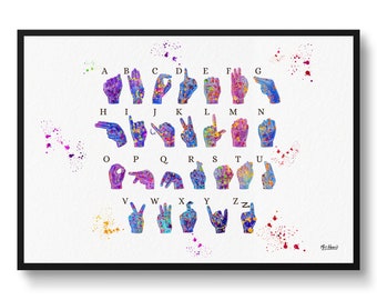 Sign Language Watercolour Print ASL Hand Signing Alphabet Medical Wall Art - Waiting Room & Classroom art print - Deaf Support Gift