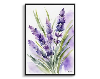 Impressão de arte botânica em aquarela de lavanda - Inglês Floral emoldurado Planta Arte em parede Pôster Pintura de flores - Decoração floral para casa - Impressão de flores