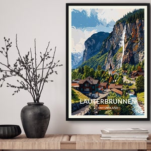 Lauterbrunnen Switzerland Travel Art Poster Print. Retro Illustration Wall Art - Swiss Mountain Gift For Travel Lovers - Home & Office Decor
