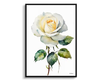 May include: A watercolor painting of a single white rose with green leaves and a white background.