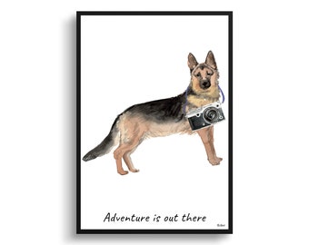 Adventure is out there German Shepherd dog print illustration. Framed & un-framed wall art options. Personalised name.