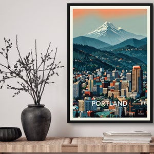 Portland Oregon Travel Art Poster Print. Retro Illustration Wall Art - Mount Hood Cityscape Gift For Travel Lovers - Home & Office Decor