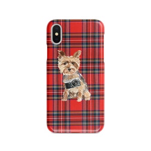 Yorkshire terrier dog Tartan phone case. 11 Styles: Iphone 16 Pro Max, 15, 14 to 6 & Samsung Galaxy S24 Ultra, S23, S22