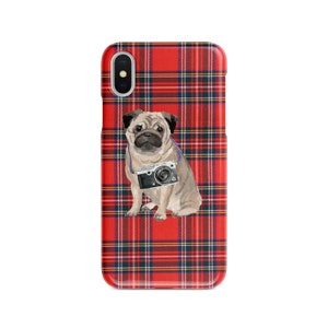 Pug dog Tartan phone case. 11 Styles: Iphone 16 Pro Max, 15, 14 to 6 & Samsung Galaxy S24 Ultra, S23, S22