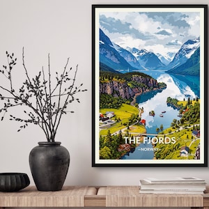 The Fjords Norway Travel Art Poster Print. Retro Illustration Wall Art - Cityscape Gift For Travel Lovers - Home & Office Decor
