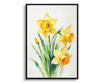 Daffodil Minimalist Watercolour Botanical Art Print - Narcissus Jonquil Framed Plant Wall Art Flower Poster