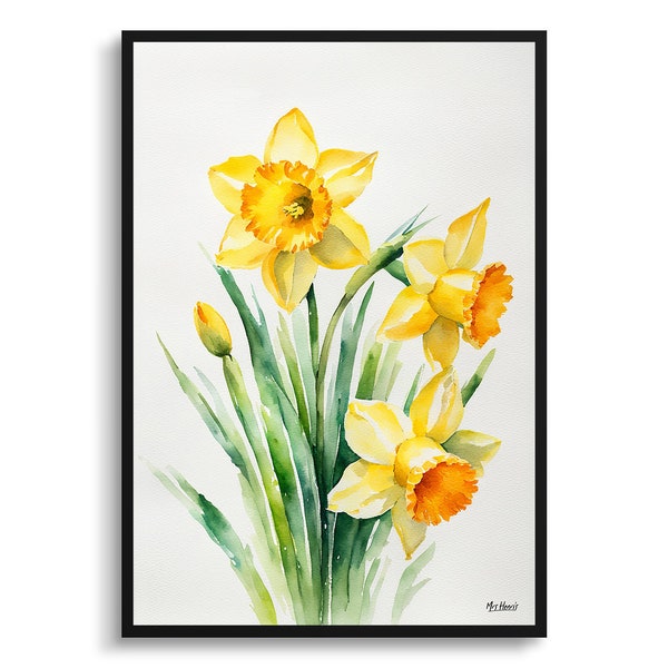 Daffodil Minimalist Watercolour Botanical Art Print - Narcissus Jonquil Framed Plant Wall Art Flower Poster