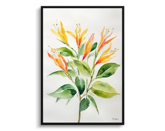 Honeysuckle Minimalist Watercolour Botanical Art Print - Trumpet Flower Framed Floral Plant Wall Art Flower Art