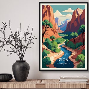 Zion Utah Travel Art Poster Print. Retro Illustration Wall Art - National Park Souvenir Gift For Travel Lovers - Home & Office Decor
