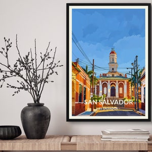 Impressão de pôster de arte de viagem de San Salvador El Salvador. Arte de parede com ilustração retrô - presente de paisagem urbana para amantes de viagens - decoração de casa e escritório