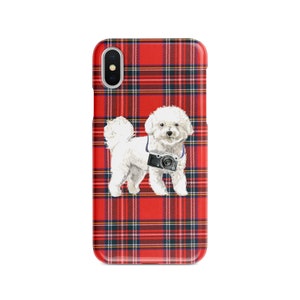 Bichon Frise dog Tartan phone case. 11 Styles: Iphone 16 Pro Max, 15, 14 to 6 & Samsung Galaxy S24 Ultra, S23, S22