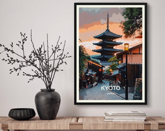 Kyoto Japan Travel Art Poster Print. Retro Illustration Wall Art - Cityscape Gift For Travel Lovers - Home & Office Decor