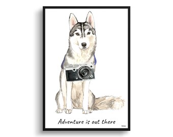 Adventure is out there Siberian Husky dog print illustration. Framed & un-framed wall art options. Personalised name.