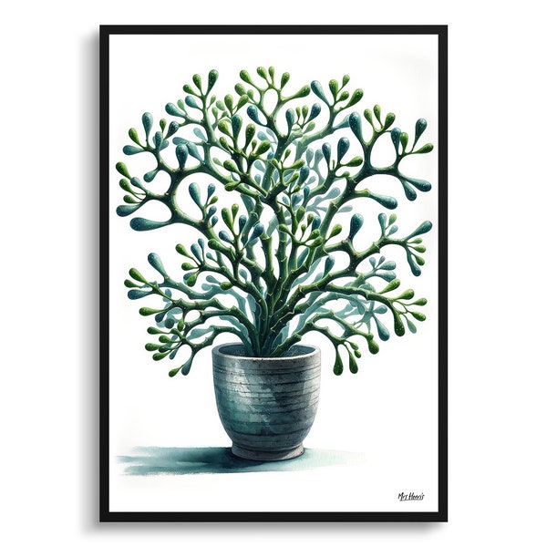 Mistletoe Cactus Botanical Print - Watercolor Framed Painting Wall Art - Rhipsalis baccifera Perfect gift for living room, bedroom or office