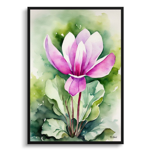 Alpenveilchen Coum Aquarell Botanischer Kunstdruck - Persisches Violett Gerahmtes Pflanzen Wand Kunst Blumen Poster