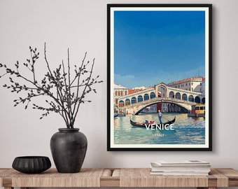 Venice Italy Travel Art Poster Print. Retro Illustration Wall Art - Veneto Rialto Bridge Gift For Travel Lovers - Home & Office Decor