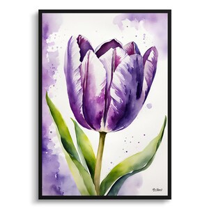 Purple tulip Watercolour Botanical Art Print - Lady Floral Framed Plant Wall Art Poster Flower Painting