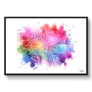 May include: An abstract watercolour painting of a circuit board in shades of pink, blue, green, and yellow. The circuit board is white and has a tree-like shape. The background is white.