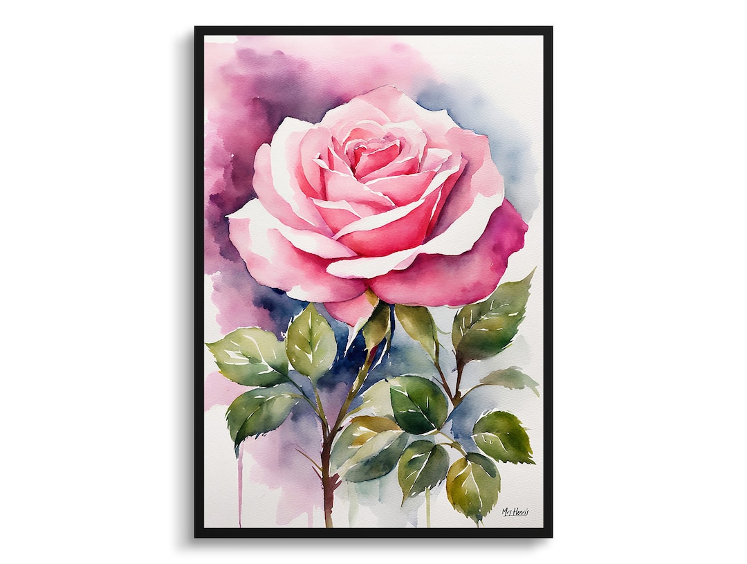 Pink Rose Watercolour Botanical Art Print - Rosa Floral Framed Plant ...