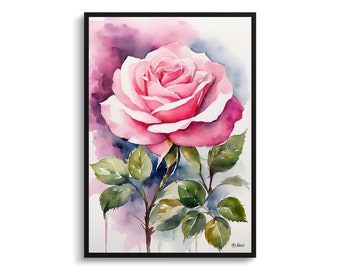 Rosa Rose Aquarell Botanischer Art Print - Rosa Blumengerahmt Pflanze Wand Kunst Poster Blumenmalerei - Floral Wohnkultur - Blumendruck