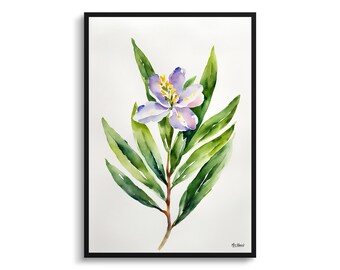 May include: Watercolor painting of a single purple flower with yellow center and green leaves on a white background.