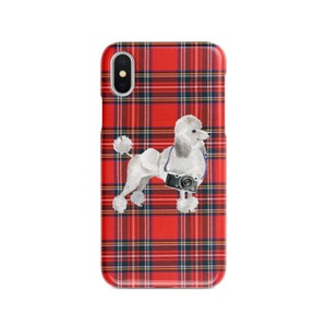 White Poodle dog Tartan phone case. 11 Styles: Iphone 16 Pro Max, 15, 14 to 6 & Samsung Galaxy S24 Ultra, S23, S22