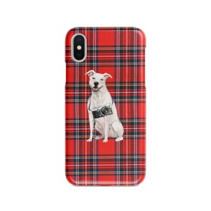 White American Staffordshire Terrier dog Tartan phone case. 11 Styles: Iphone 16 Pro Max, 15, 14 to 6 & Samsung Galaxy S24 Ultra, S23, S22