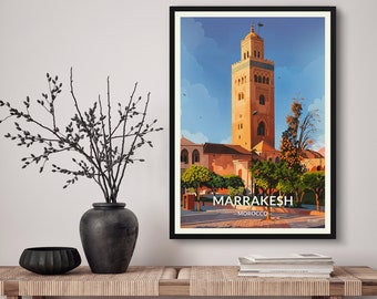 Marrakesz, Maroko, wydruk artystyczny – plakat podróżniczy w stylu retro, Meczet Kutubijja