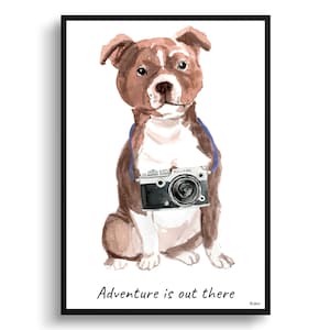 Adventure is out there Staffordshire Bull Terrier dog print illustration. Framed & un-framed wall art options. Personalised name.