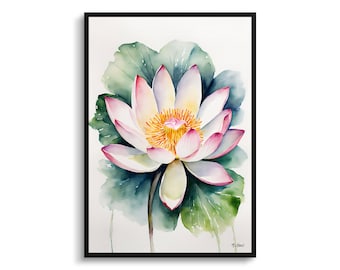 Lotus flower Minimalist Watercolour Botanical Art Print - Sacred Floral Framed Plant Wall Art Poster Flower Painting