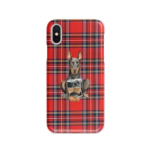 Doberman dog Tartan phone case. 11 Styles: Iphone 16 Pro Max, 15, 14 to 6 & Samsung Galaxy S24 Ultra, S23, S22