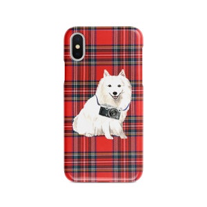 Japanese Spitz dog Tartan phone case. 11 Styles: Iphone 16 Pro Max, 15, 14 to 6 & Samsung Galaxy S24 Ultra, S23, S22