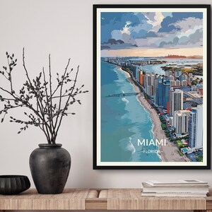 Miami Florida Travel Art Poster Print. Retro Illustration Wall Art - Coastline Beach Cityscape Gift For Travel Lovers - Home & Office Decor