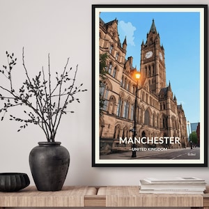 Manchester United Kingdom Travel Art Poster Print. Vintage Illustration Wall Art - Cityscape Gift For Travel Lovers - Home & Office Decor