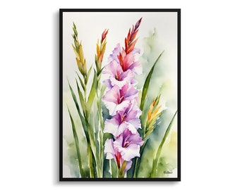 Gladiolus Communis Byzantinus acuarela arte botánico impresión - espada lirio floral enmarcado planta pared arte flor arte