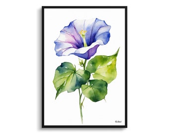 Morning Glory Minimalist Watercolour Botanical Art Print - Blue Floral Framed Plant Wall Art Poster Flower Painting