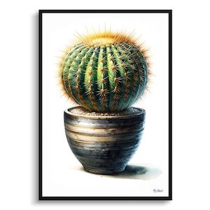 Goldener Fass-Kaktus Botanische Druck - Aquarell gerahmte Malerei Wandkunst - Echinocactus grusonii Perfektes Geschenk für Wohnzimmer, Schlafzimmer