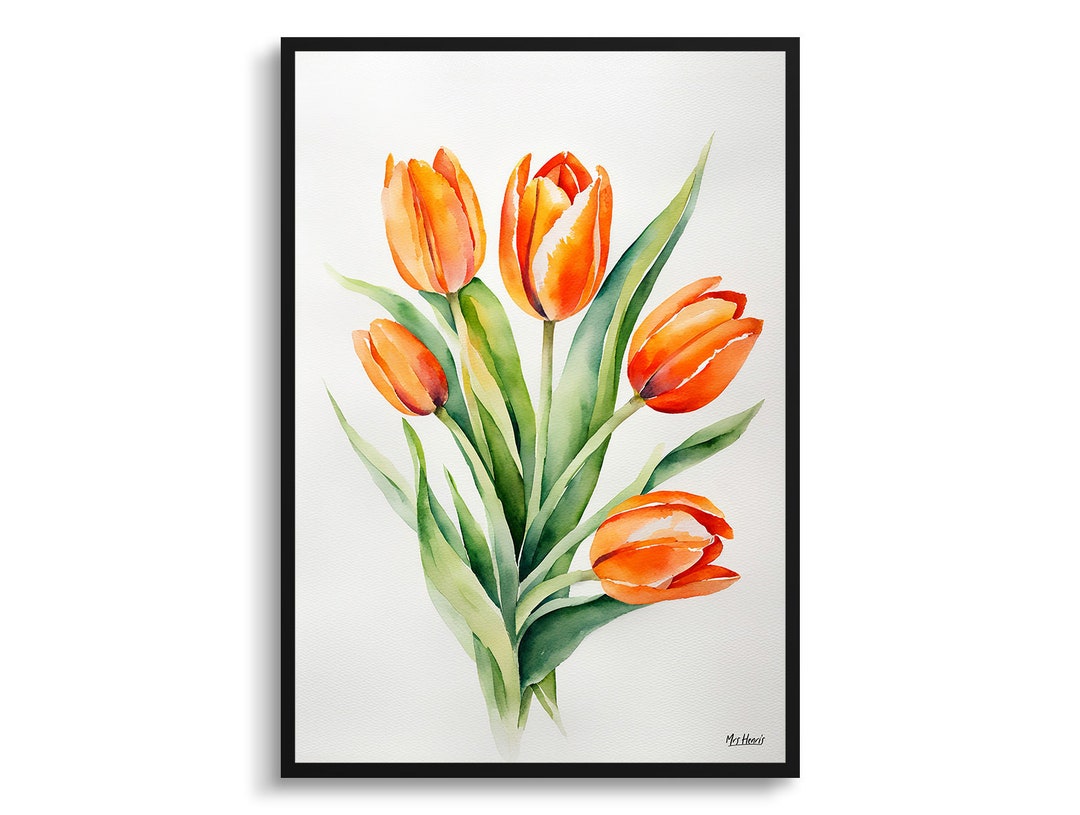 Orange Tulip Minimalist Watercolour Botanical Art Print - Tulipa Floral ...