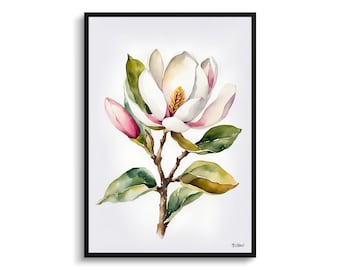 Magnolia Minimalist Watercolour Botanical Art Print - Evergreen Bull Bay Floral Framed Plant Wall Art Poster Flower Painting